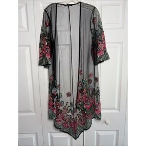 Mechant Embroidered Mesh Kimono Cardigan Womens One Size Black Floral Duster OS